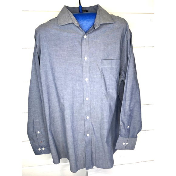 Tommy Hilfiger Mens Wrinkle Free Stretch Regular Fit Dress Shirt XL Blue - Picture 2 of 11